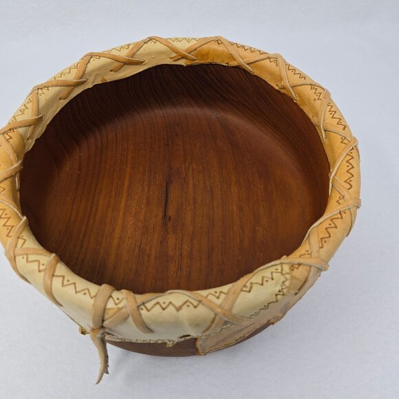 Wood Bowl 12" Leather Overlay Handmade Possibly Native American Round Wooded - Picture 6 of 14